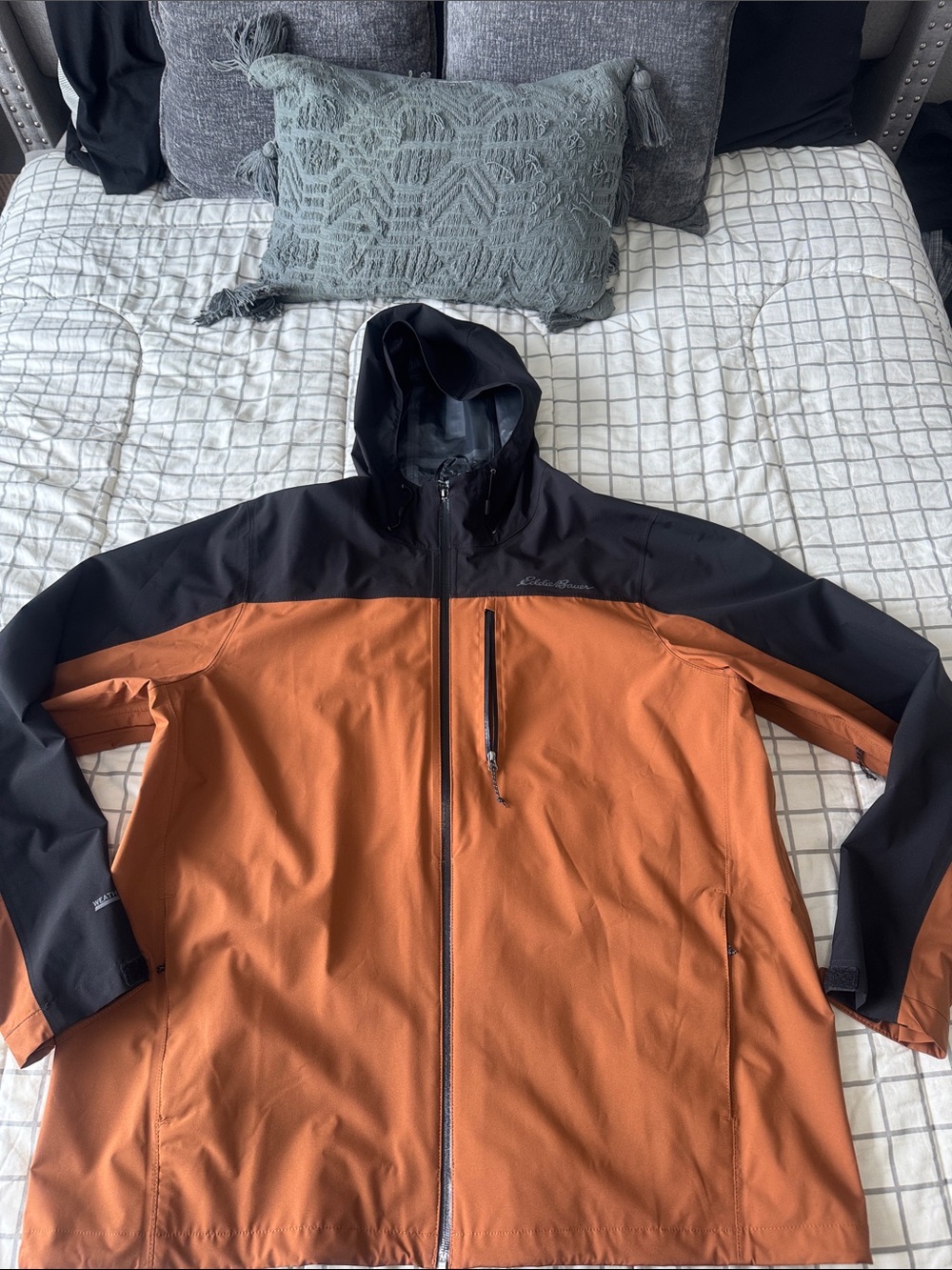 Eddie Bauer Two-Tone Rust Orange and Black Hooded Rain Jacket